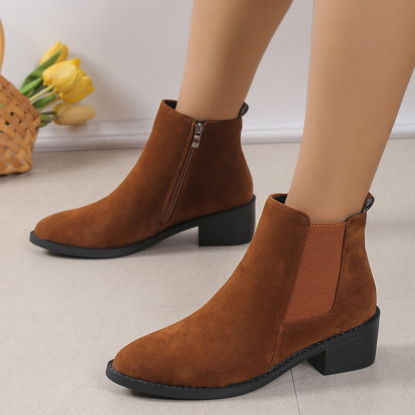 Women's Fashion Ankle Boots With Side Zipper Chunky Heel Boots Slip On Comfortable Solid Color Shoes-Womens Footwear-Zishirts