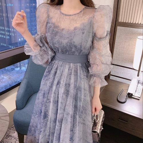 Women's Elegance Retro Puff Sleeve Long Sleeve Dress-Lady Dresses-Zishirts