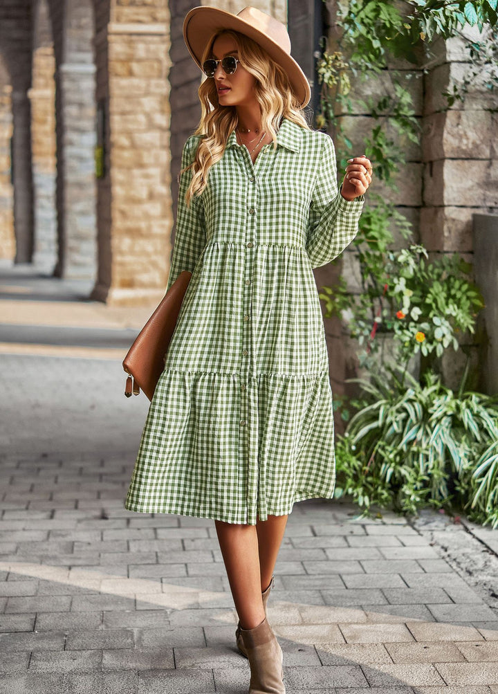 Wide Hem Long Sleeve Dress Plaid Casual Dress-Lady Dresses-Zishirts