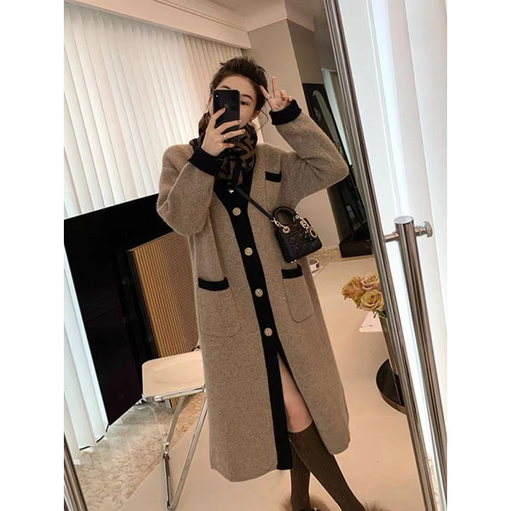 Contrast Color Large Size Long Sweater Coat Design Sense Niche Knitted Cardigan Top-Sweaters-Zishirts