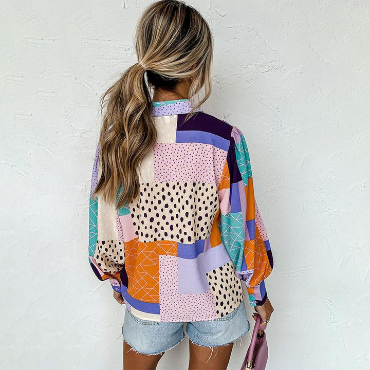 Abstract Geometric Printed Lantern Sleeve Single-breasted Shirt-Blouses & Shirts-Zishirts