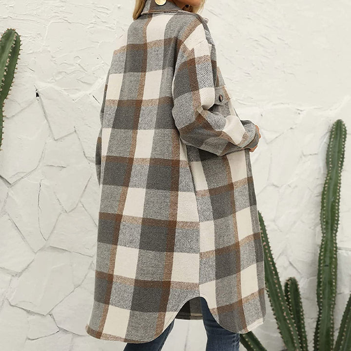 Plaid Lapel Button Woolen Casual Trench Coat-Women's Outerwear 2023-Zishirts