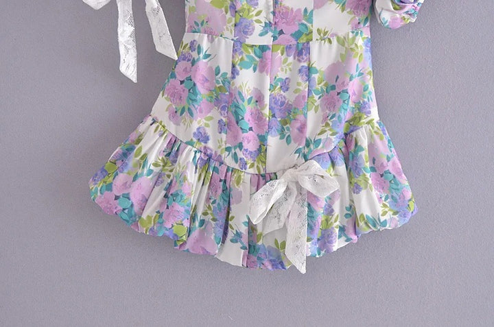 French Romantic Fantasy Asymmetric Puff Sleeve Dress Lace Lace-up Lotus Leaf Skirt-Lady Dresses-Zishirts