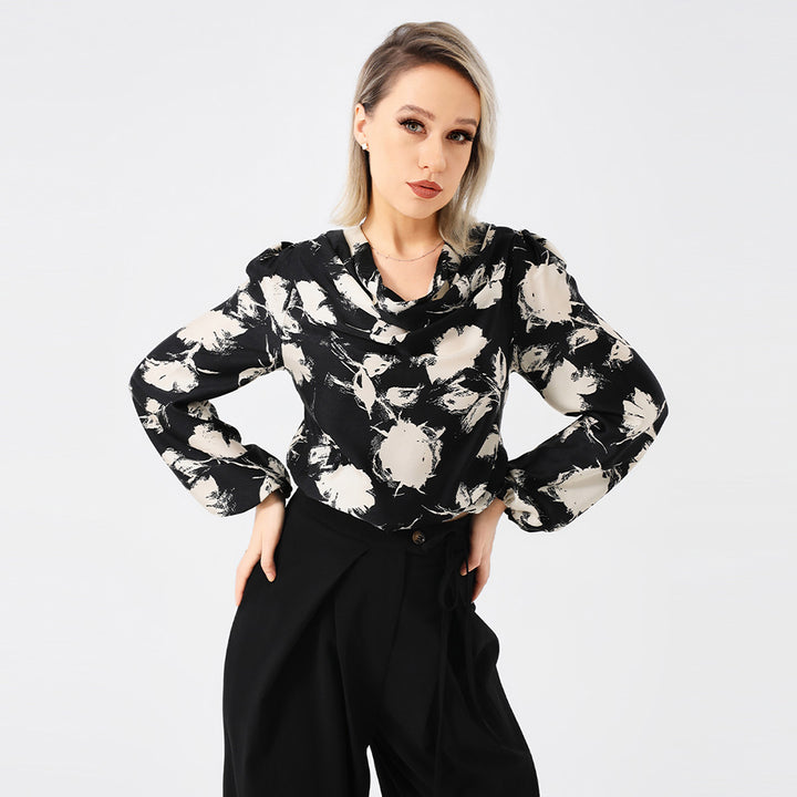 Elegant Ladies Print Front Drop Collar Blouse-Blouses & Shirts-Zishirts