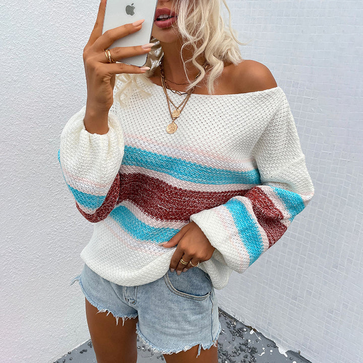 Amazon Sweater Rainbow Striped Off-shoulder Sweater For Women-0-Zishirts