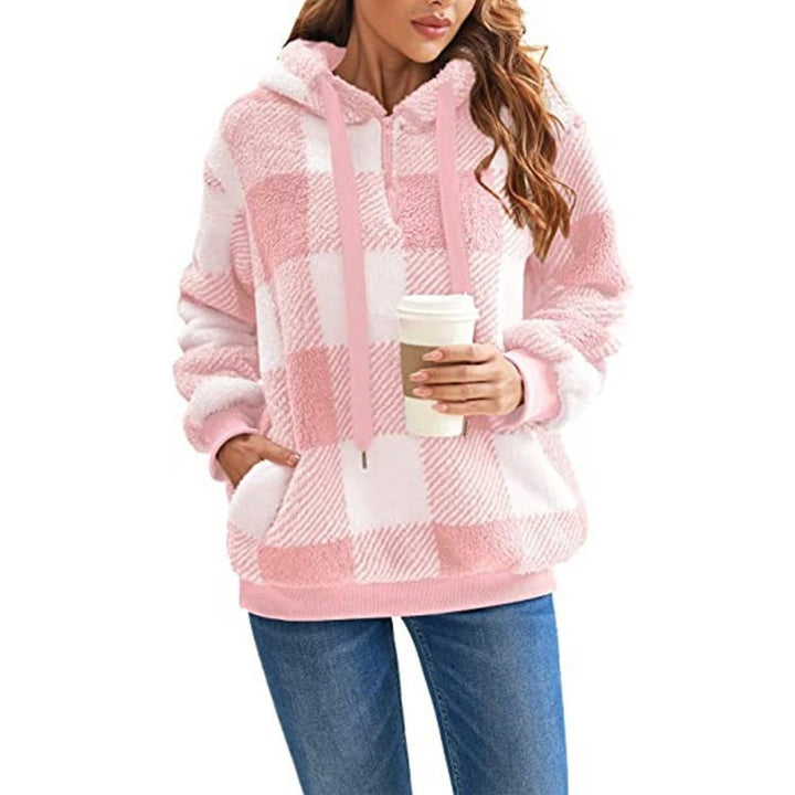 Fashion Plaid Hooded Sweatshirt With Pockets Casual Zipper Plush Tops For Womens Clothing-Jackets-Zishirts