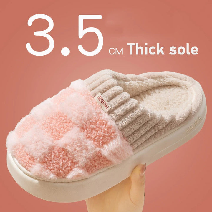 Plaid Plush Slippers Women's Indoor Plush Home Slippers Soft Sole Thick Non-Slip Warm House Shoes Couple Autumn And Winter-Womens Footwear-Zishirts