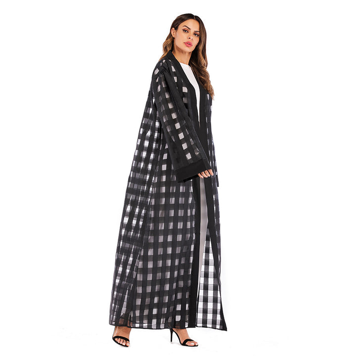 Muslim Plaid Loose Sleeved Lace Up Robe For Women-Jackets-Zishirts