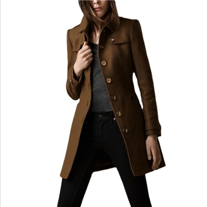 Women's Fashionable Solid Color Mid-length Lapel Woolen Coat-Jackets-Zishirts