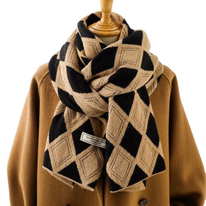 Knitted Wool Small Scarf Women Camel Rhombus Thickened Warm-Scarves & Wraps-Zishirts