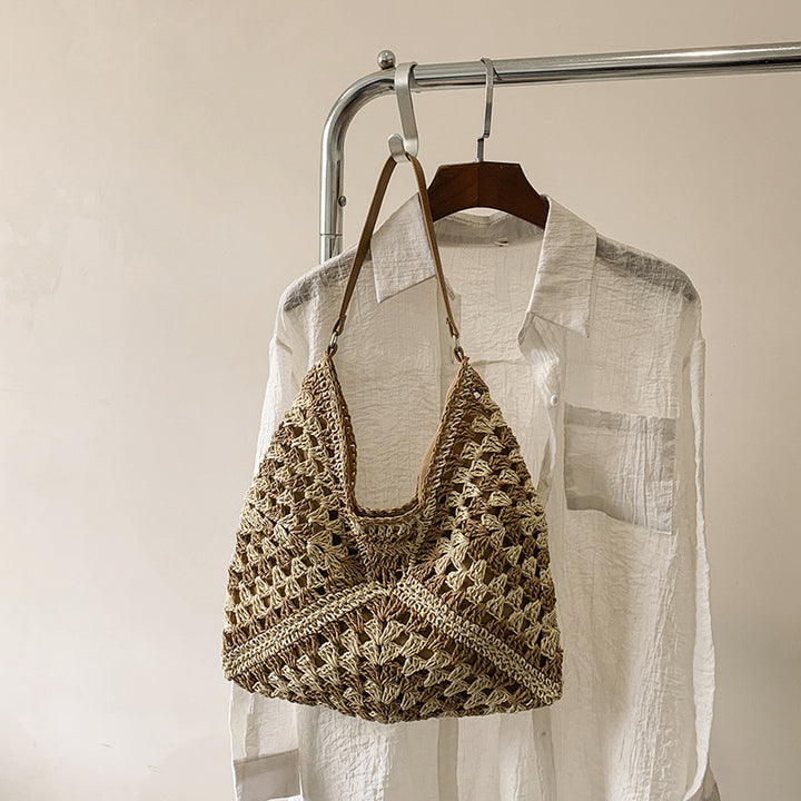 Women's Fashion Handmade Straw Woven Hollow Contrast Color Weave Shoulder Bag-Women's Bags-Zishirts
