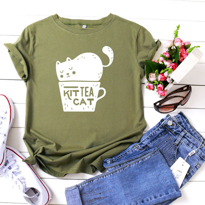 Casual KIT TEA CAT Printed Round Neck Plus Size Short Sleeve-Blouses & Shirts-Zishirts