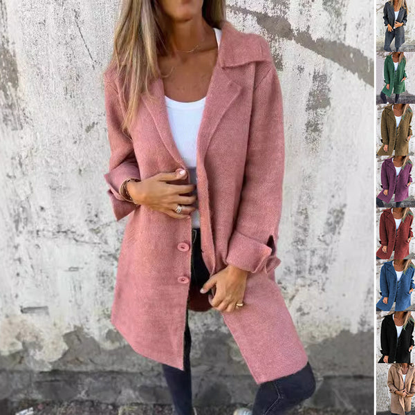 Lapel Single Breasted Cardigan With Pockets Fashion Color Solid Mid-Length Outwear Coat Womens Clothing-Jackets-Zishirts