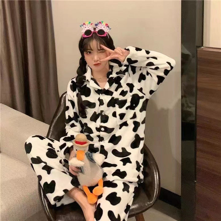 Ins Black And White Contrast Color Cow Pajamas Flannel Autumn And Winter Warm Cartoon Sweet Homewear-Women's Outerwear 2023-Zishirts