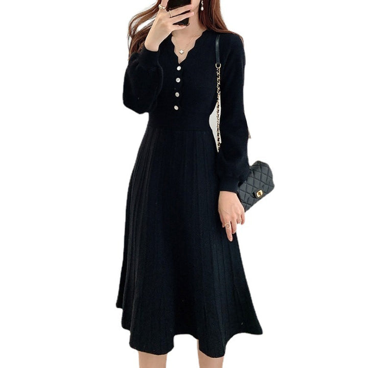 Waist-tight Slimming V-neckline Long Sleeve Mid-length Sweater Dress-Lady Dresses-Zishirts