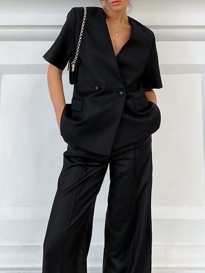 Women's Fashion Casual V-neck Suit Short Sleeve High Waist Trousers Suit-Suits & Sets-Zishirts