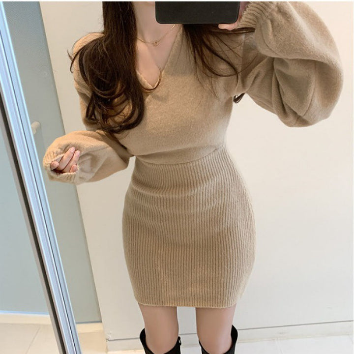 Cross V-neck Hip Women's Knitted Dress Sweater-Lady Dresses-Zishirts