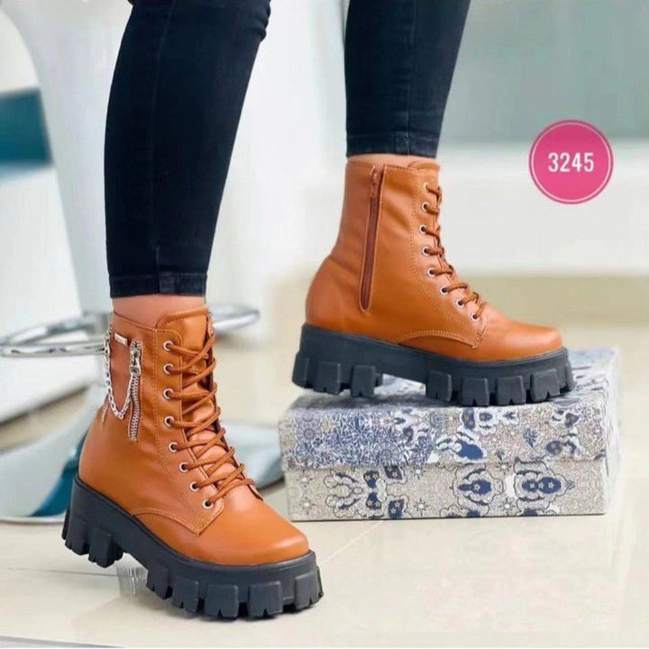 Platform Martin Boots Women's Plus Size Lace Up Chunky Heel Ankle Boots-Womens Footwear-Zishirts