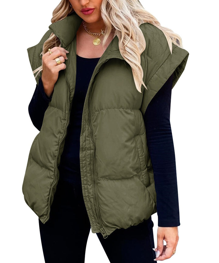 Women's Solid Color Zipper Pocket Cotton-padded Vest-Jackets-Zishirts