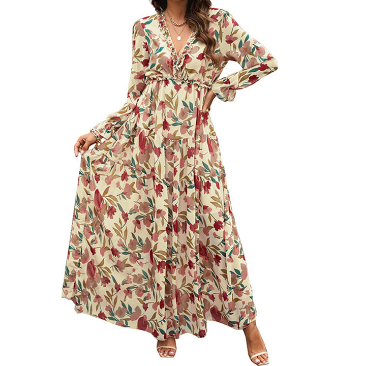 Printed Long Sleeve Dress Women's V-neck Loose-Women's Outerwear 2023-Zishirts