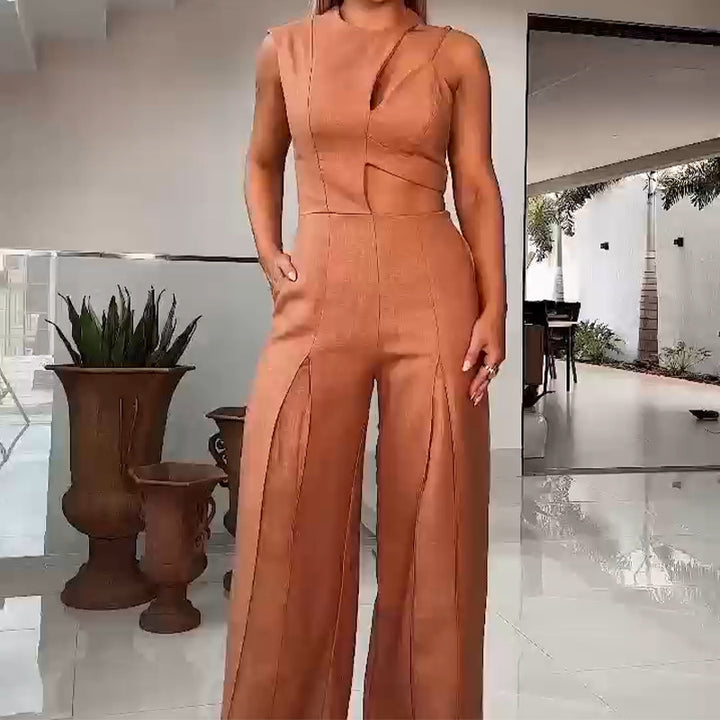 Fashion Round-neck High Waist Solid Color Hollow Out Wide Leg Jumpsuit-0-Zishirts