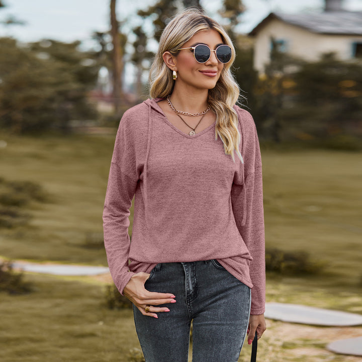 Solid Color And V-neck Hooded Long-sleeved Casual Bottoming T-shirt-Blouses & Shirts-Zishirts