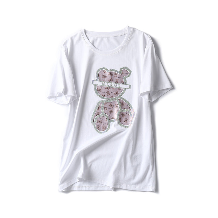 Heavy Embroidery Hot Drilling Bear Design Sense Niche Short Sleeve-Blouses & Shirts-Zishirts