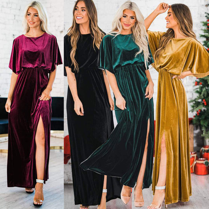 Summer Elegant Dress Gold Velvet Round Neck High Slit Evening Dress For Women-Lady Dresses-Zishirts