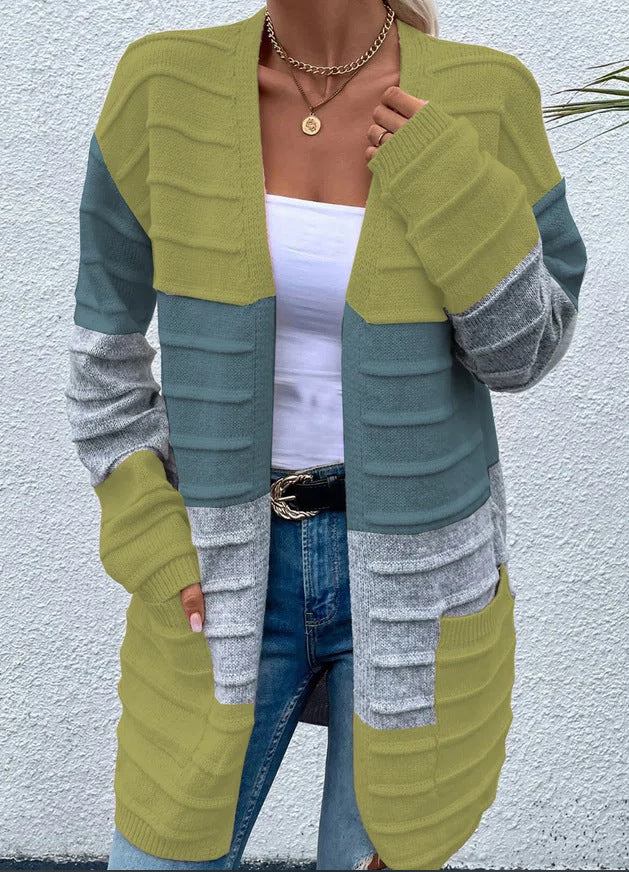 Amazon AliExpress Sweater Women's 2024 Fashion Jacket With Big Pockets Autumn And Winter Long Striped Color Matching Cardigan-Jackets-Zishirts