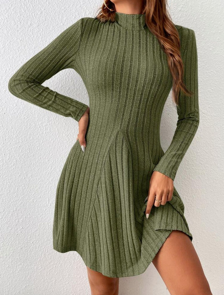 Half Turtleneck Solid Color Rib Fabric Long Sleeve Dress Women-Lady Dresses-Zishirts