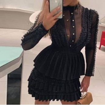 Women's Black Mesh Lace Dress-Lady Dresses-Zishirts