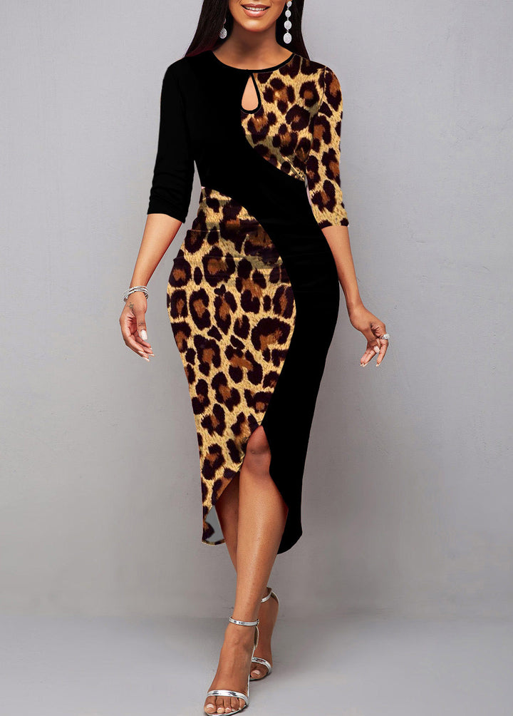 Intellectual Style Elegant Women's Leopard Print Pullover Round Neck Irregular Sheath Dress-Lady Dresses-Zishirts