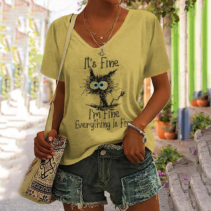 European And American Women's Clothing New Top Loose V-neck Digital Printed Short Sleeve T-shirt-Blouses & Shirts-Zishirts