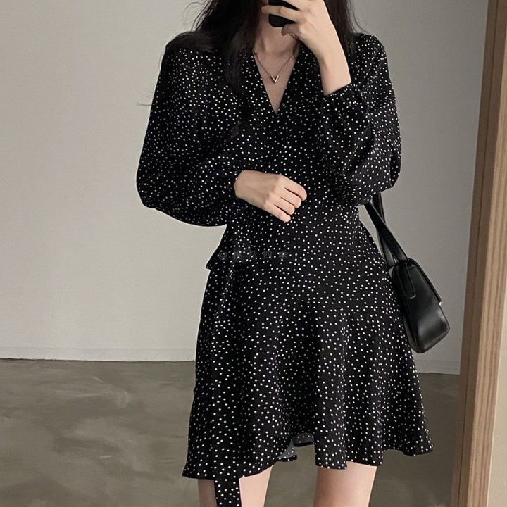 Women's Hong Kong Style V-collar Polka Dot Monochrome Dress-Lady Dresses-Zishirts