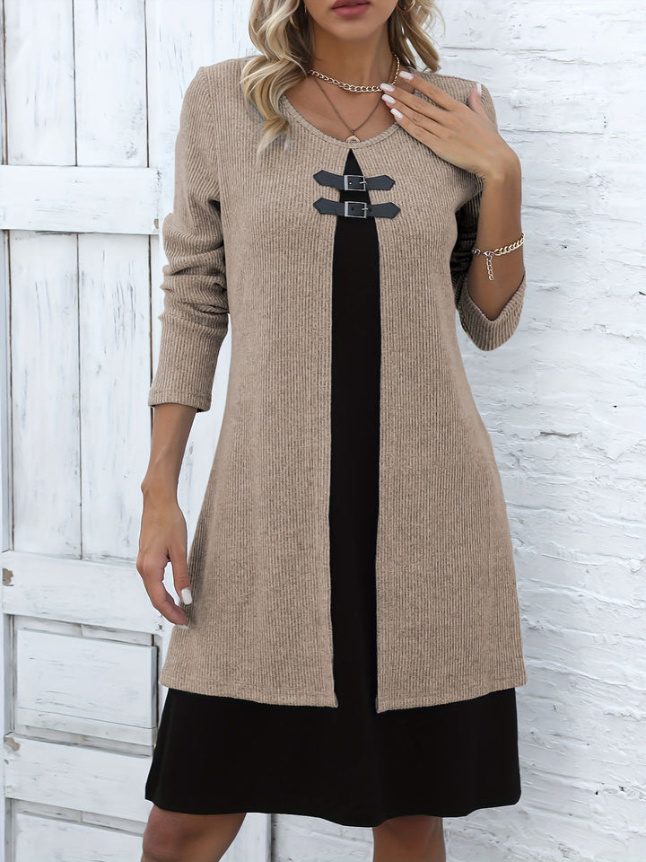 Contrast-color Sweater Dress With Buckle Design Fashion Round-neck Long-sleeved A-line Dresses Fall Wainter Women's Clothing-Lady Dresses-Zishirts