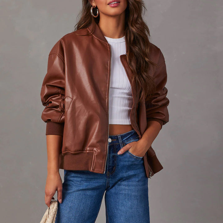 Leather Baseball Uniform Jacket Long-sleeved Motorcycle Jacket Leather Coat-Women's Outerwear 2023-Zishirts