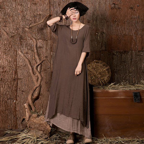 Literary Cotton And Linen Double Sleeve Dress-Lady Dresses-Zishirts