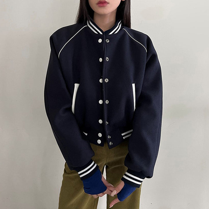 American Retro College Style Color Contrast Patchwork Stand Collar Breasted Baseball Uniform-Women's Outerwear 2023-Zishirts