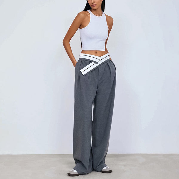 Women's Fashion Versatile Wide Stitching Contrast Color Wide-leg Pants-Suits & Sets-Zishirts