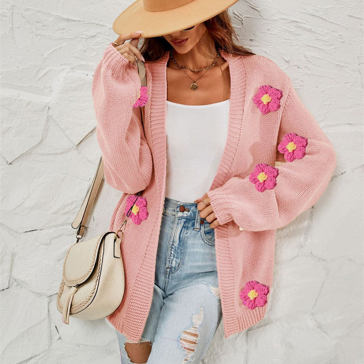 Women's Fashion Casual Flower Cardigan Lantern Sleeve Sweater Coat-Sweaters-Zishirts