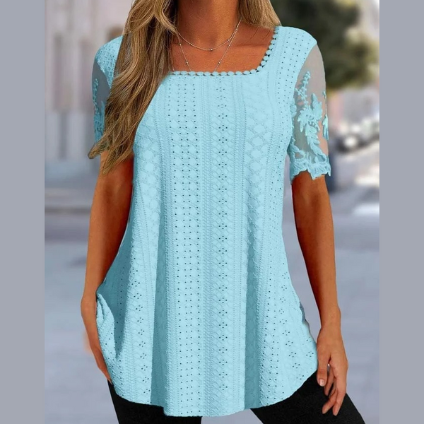 Summer New Square Neck T-shirt Hole Hollow-out-Blouses & Shirts-Zishirts