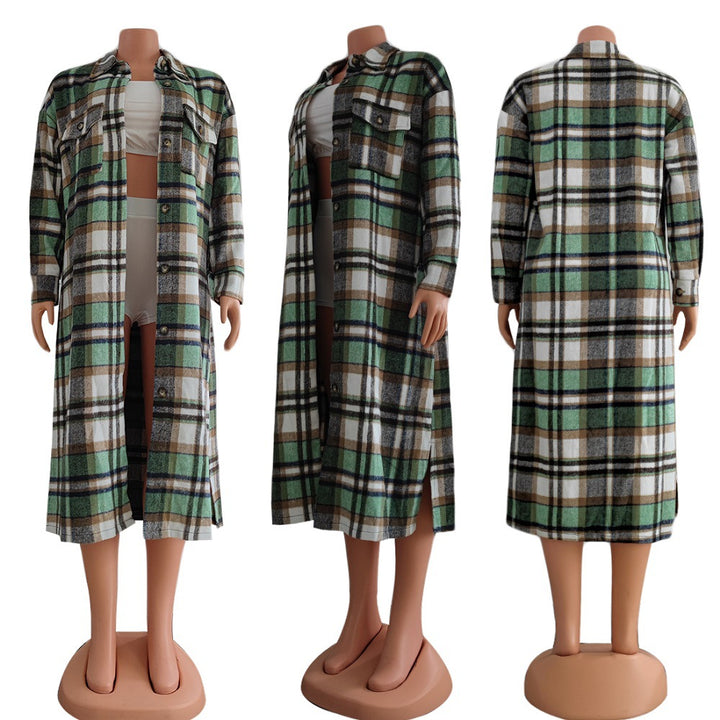 Women's Long Sleeve Lapel Plaid Woolen Coat-Jackets-Zishirts