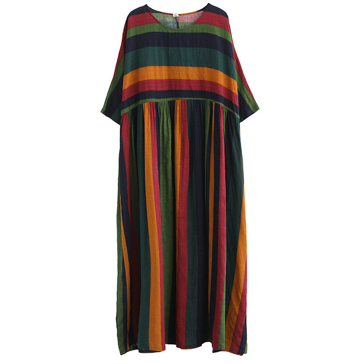 Literary Plus Size Women's Loose Stitching Striped Cotton And Linen-Lady Dresses-Zishirts