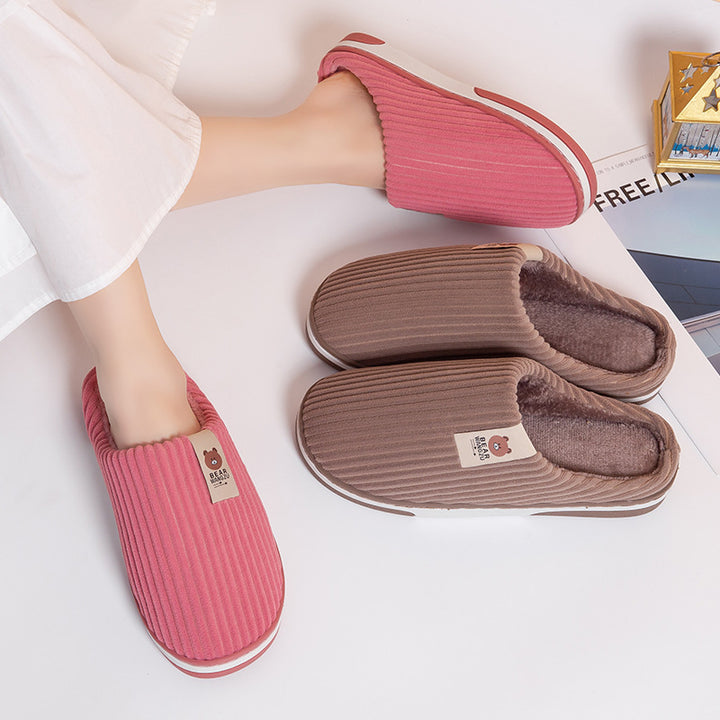 Solid Color Striped Slippers For Women Thick-soled Anti-slip Indoor Warm Plush Home Shoes Couple Women Men Slipper Winter-Womens Footwear-Zishirts