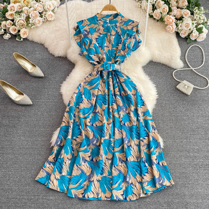 Gentle Stand-up Collar Cinched Slimming Printed A- Line Large Hem Dress-Lady Dresses-Zishirts