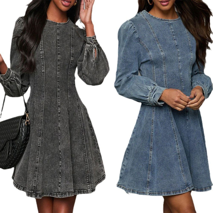 Elegant Patchwork Waist-slimming Women's Denim Long Sleeve Dress-Lady Dresses-Zishirts