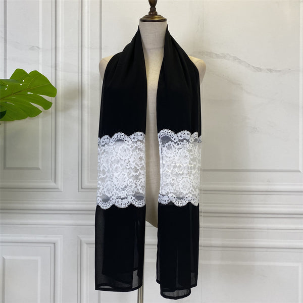 Women's Black Paneled White Lace Chiffon Bandana-Scarves & Wraps-Zishirts