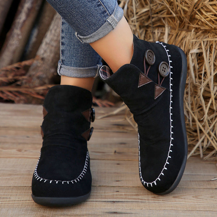 Button Design Ankle Boots For Women Autumn And Winter New Style Flat Boots With Stitching Fashion Solid Round Toe Short Shoes-Womens Footwear-Zishirts