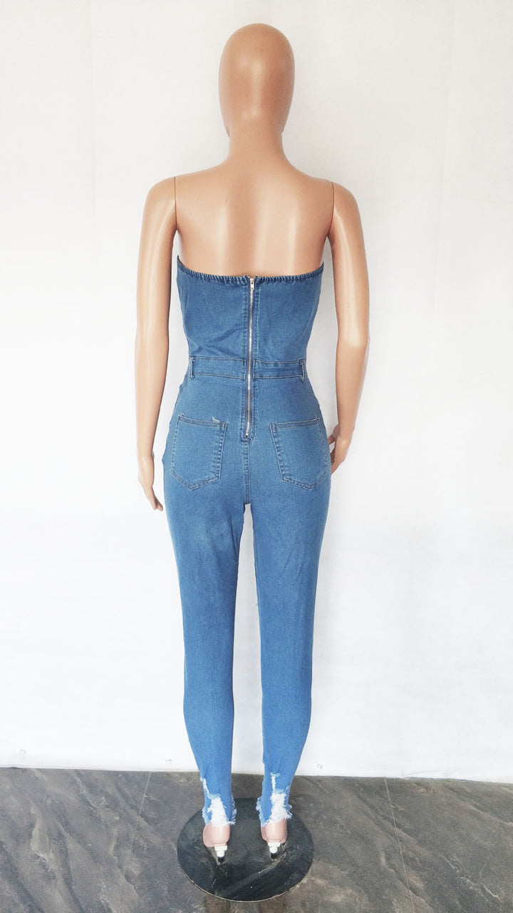 Women's Tube Top Slim Fit Denim Jumpsuit-Women's Outerwear 2023-Zishirts