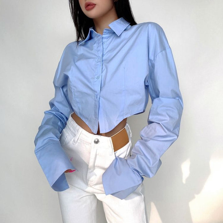 Women's Design Sense Niche Lapel Long Sleeve Short Cinched Blouse-Blouses & Shirts-Zishirts